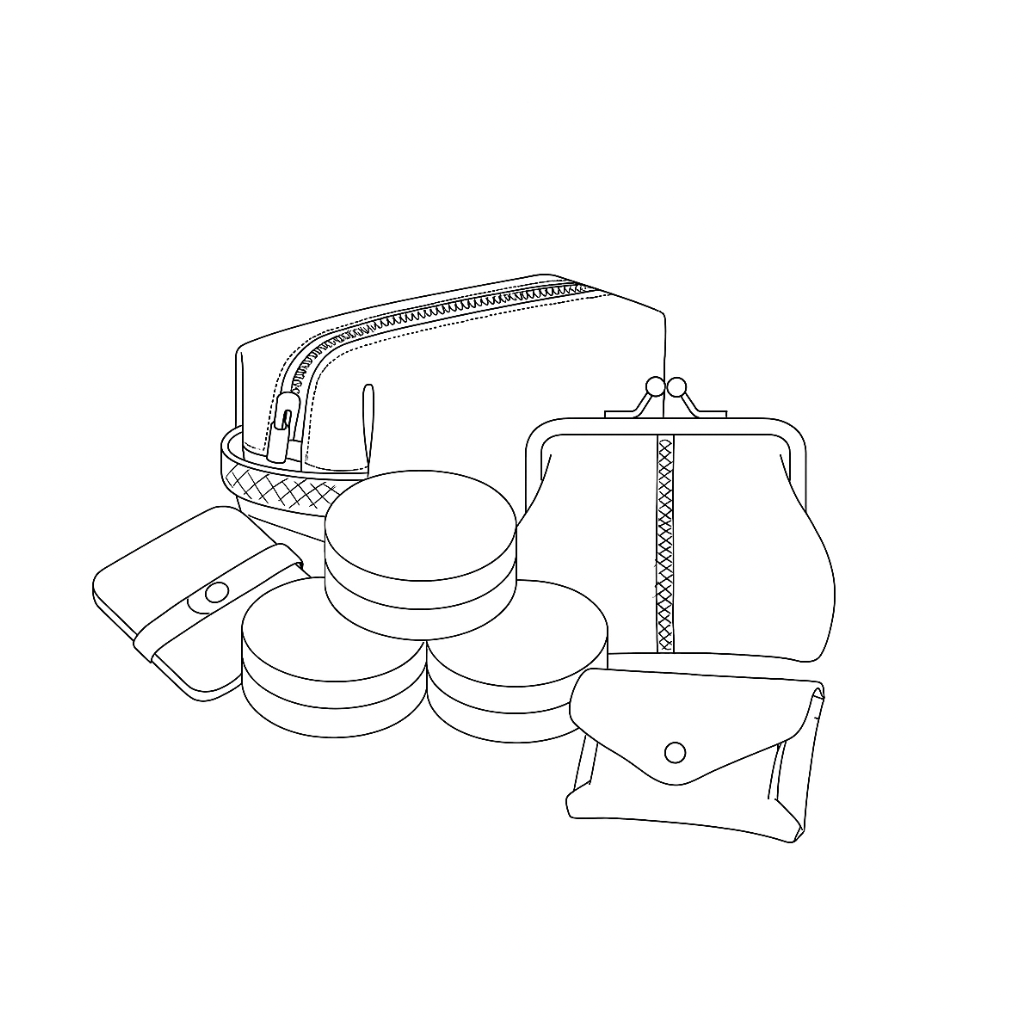 Line drawing of leather accessories by STUDIO Ella Jackson, including purses, bath bag, and natural balms.