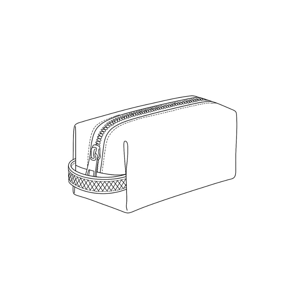 Line drawing of the Bath Bag by STUDIO Ella Jackson — a structured leather toiletry bag with considered strap detail and YKK zip.