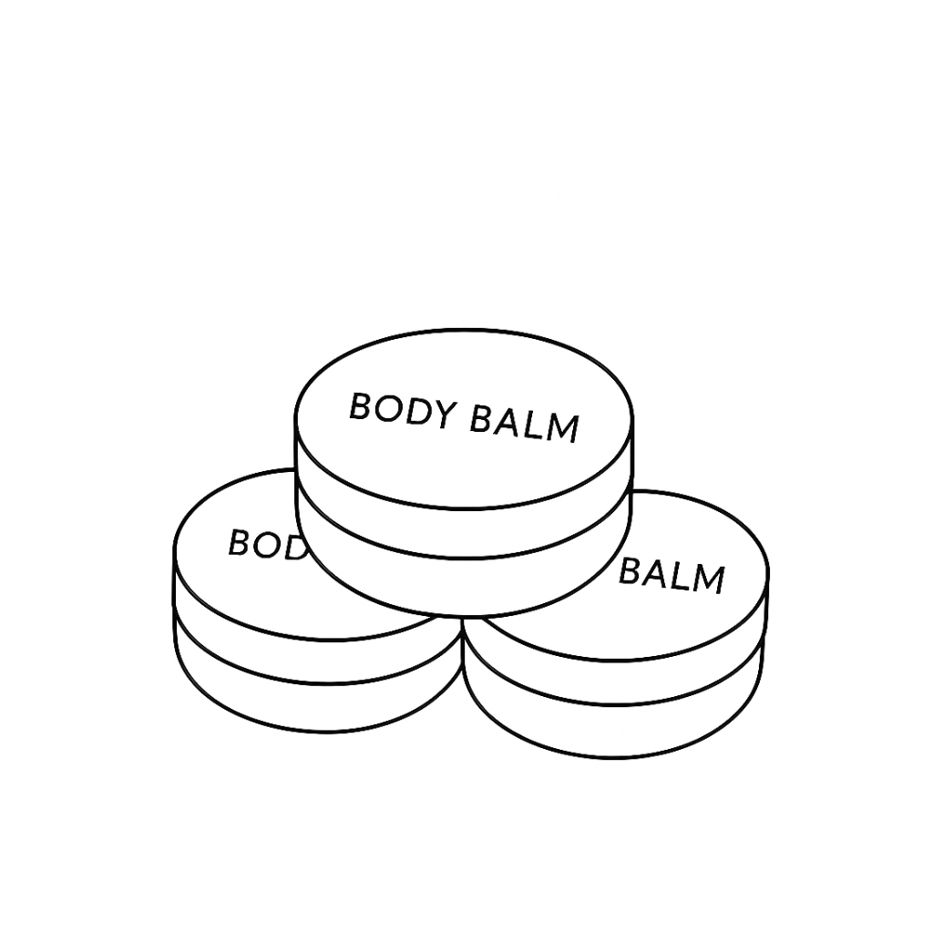 Line drawing of body balm tins by STUDIO Ella Jackson — natural balm made with beeswax, coconut butter, and sweet almond oil, available in Tasmanian Lavender and Native Kunzea.