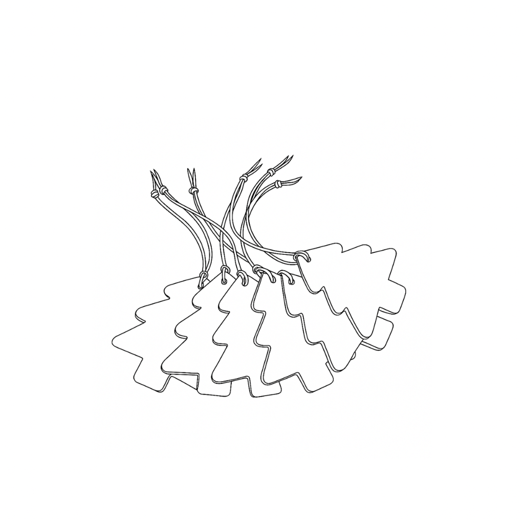 Line drawing of six leather tree decorations with ties, designed by STUDIO Ella Jackson — minimalist, timeless, and made from vegetable-tanned leather.