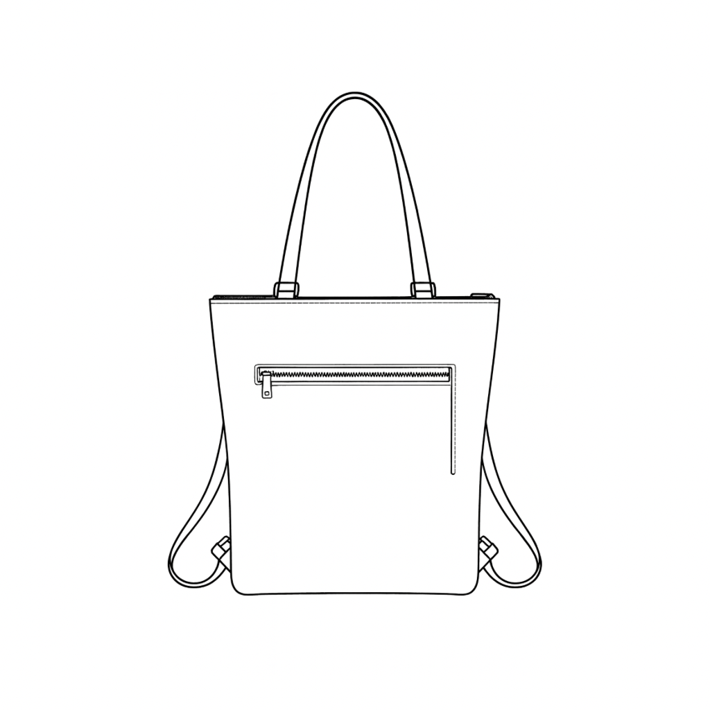 The Backpack by Ella Jackson Australia — line drawing of a refined leather backpack with adjustable straps, on display in Studio Ella Jackson, Hobart.