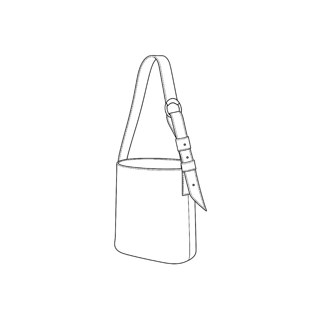 The Bucket Bag by Ella Jackson Australia — line drawing of an Italian leather bucket bag with wide strap, on display in Studio Ella Jackson, Hobart.