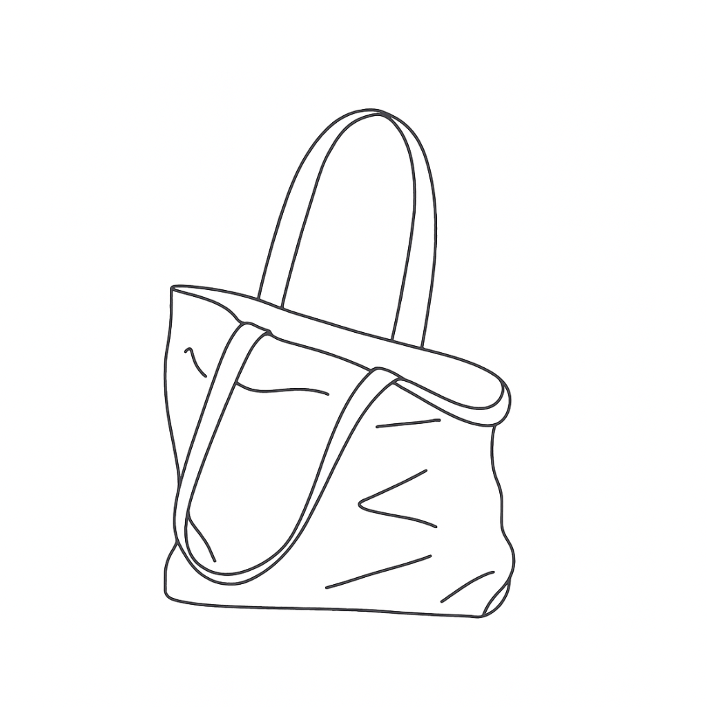 The Lined Tote by Ella Jackson Australia — line drawing of a soft, unstructured leather tote with wide straps, on display in Studio Ella Jackson, Hobart.