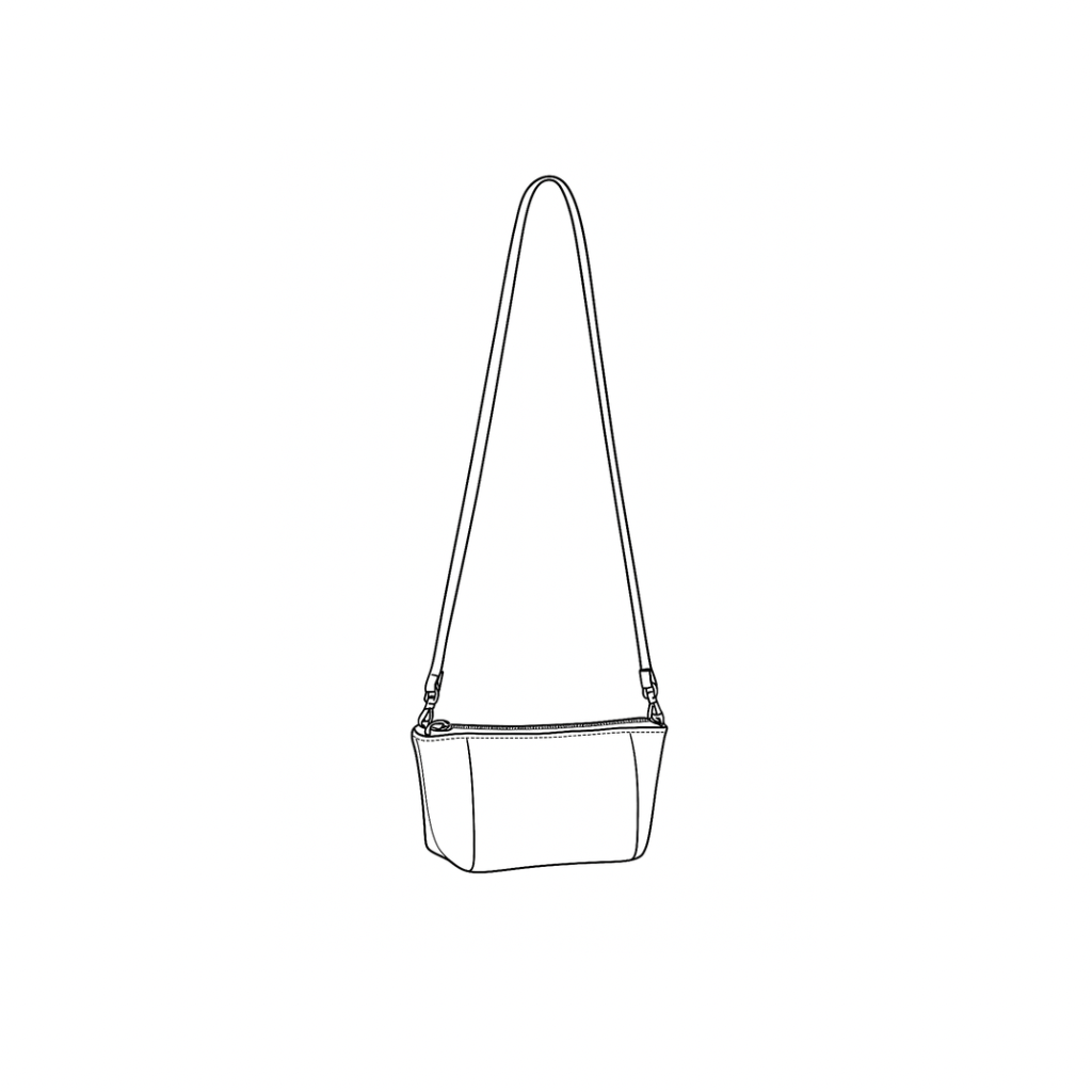 The Mini Crossbody by Ella Jackson Australia — line drawing of a refined leather crossbody bag with silver hardware, on display in Studio Ella Jackson, Hobart.