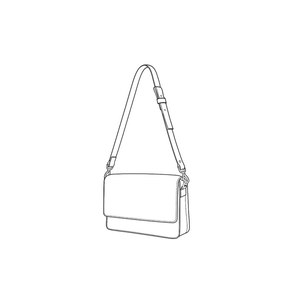 The Satchel by Ella Jackson Australia — line drawing of a two-tone leather satchel with structured flap and silver hardware, on display in Studio Ella Jackson, Hobart.