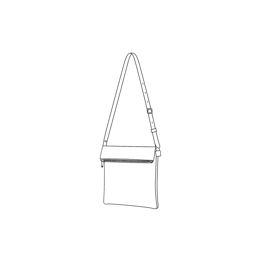 Foldover Crossbody by Ella Jackson Australia — line drawing of a full-grain leather foldover crossbody bag with a portrait silhouette, on display in STUDIO Ella Jackson, Hobart.