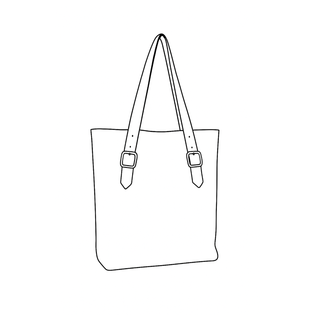 The Unlined Tote by Ella Jackson Australia — line drawing of a classic Italian leather tote with adjustable buckle straps, on display in Studio Ella Jackson, Hobart.