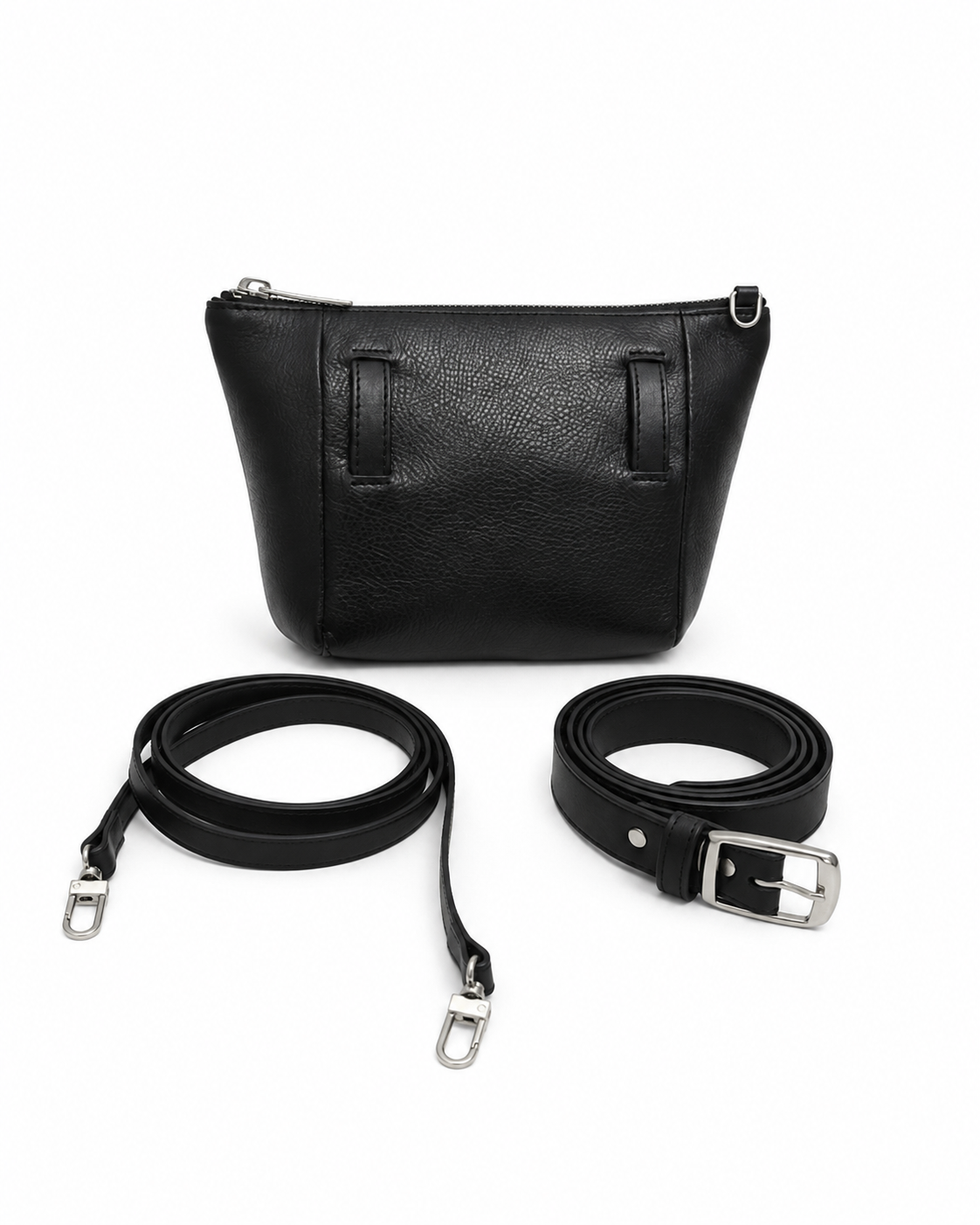 Black convertible leather crossbody bag by Ella Jackson Australia with interchangeable shoulder strap and belt strap, displayed on a white background in STUDIO Ella Jackson, Hobart.