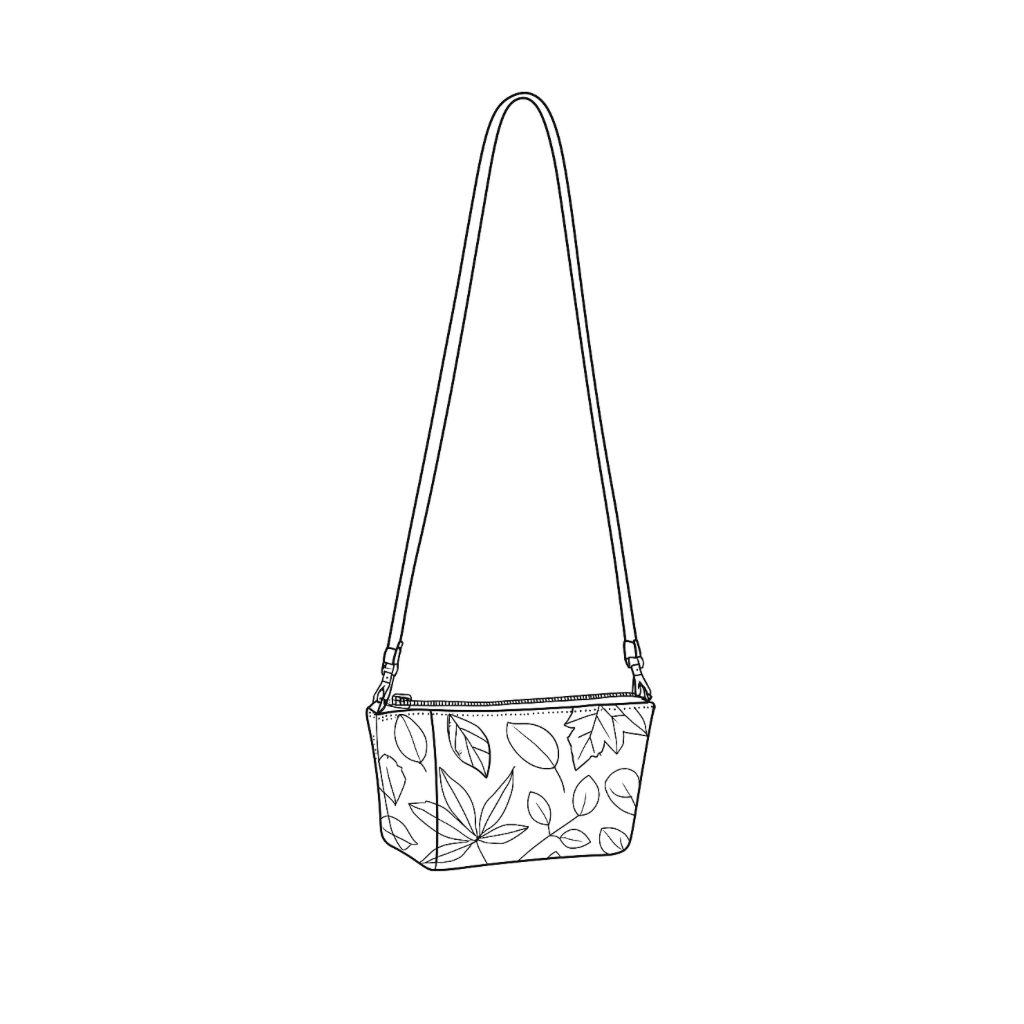 Line drawing of the Botanical Crossbody by STUDIO Ella Jackson — a softly structured leather bag made from ecodyed kangaroo hide printed with seasonal foliage.