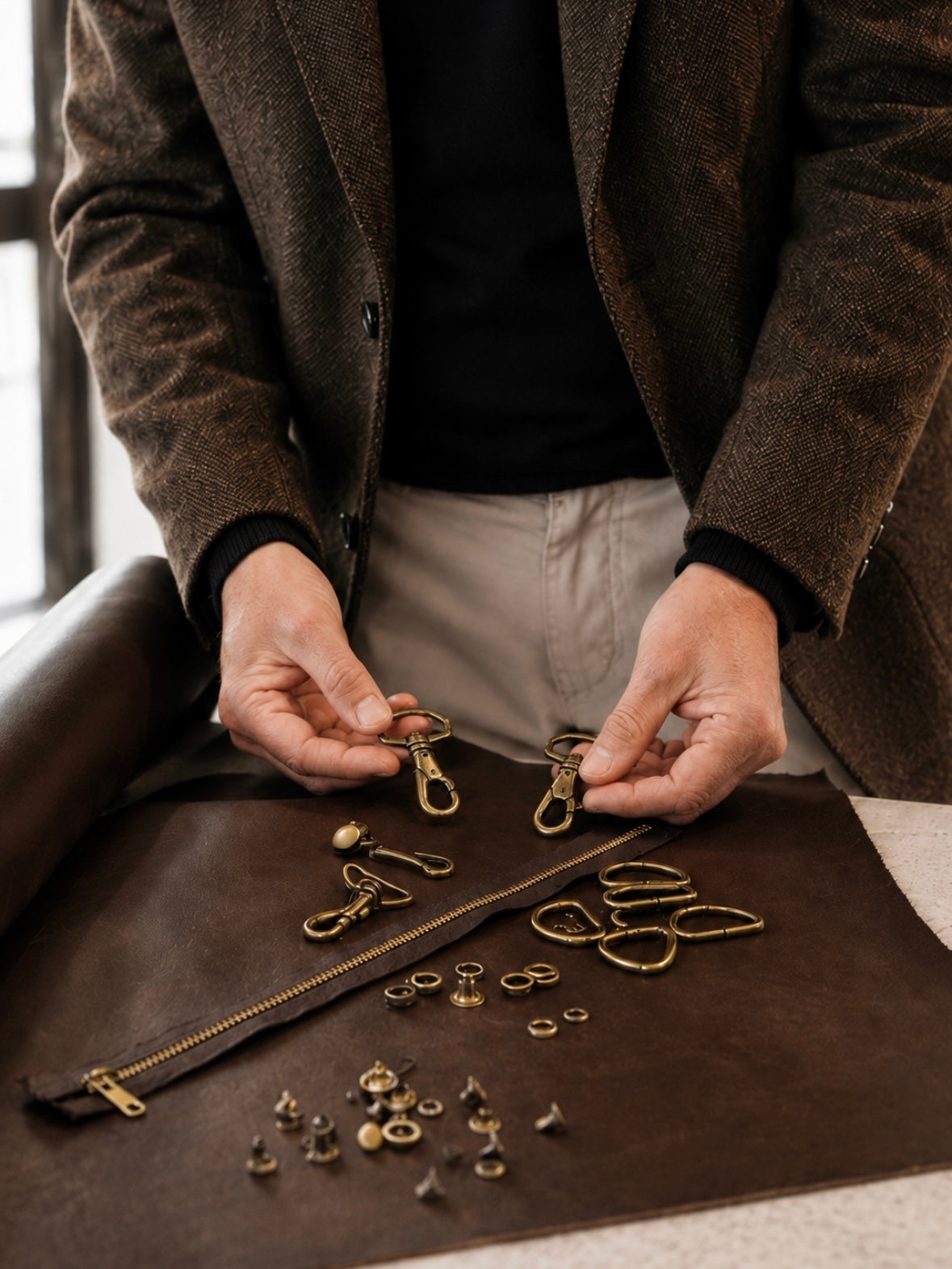 Customer selecting leather hardware and zip options for a custom leather bag at STUDIO Ella Jackson, Hobart.