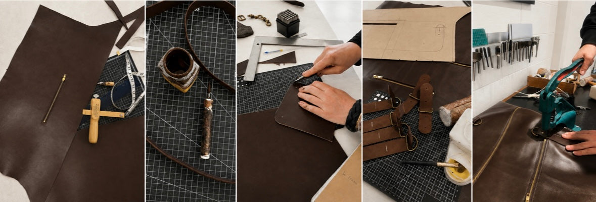 Collage showing the making process of a custom leather bag, from pattern making and cutting to embossing, assembly and finishing at STUDIO Ella Jackson, Hobart.