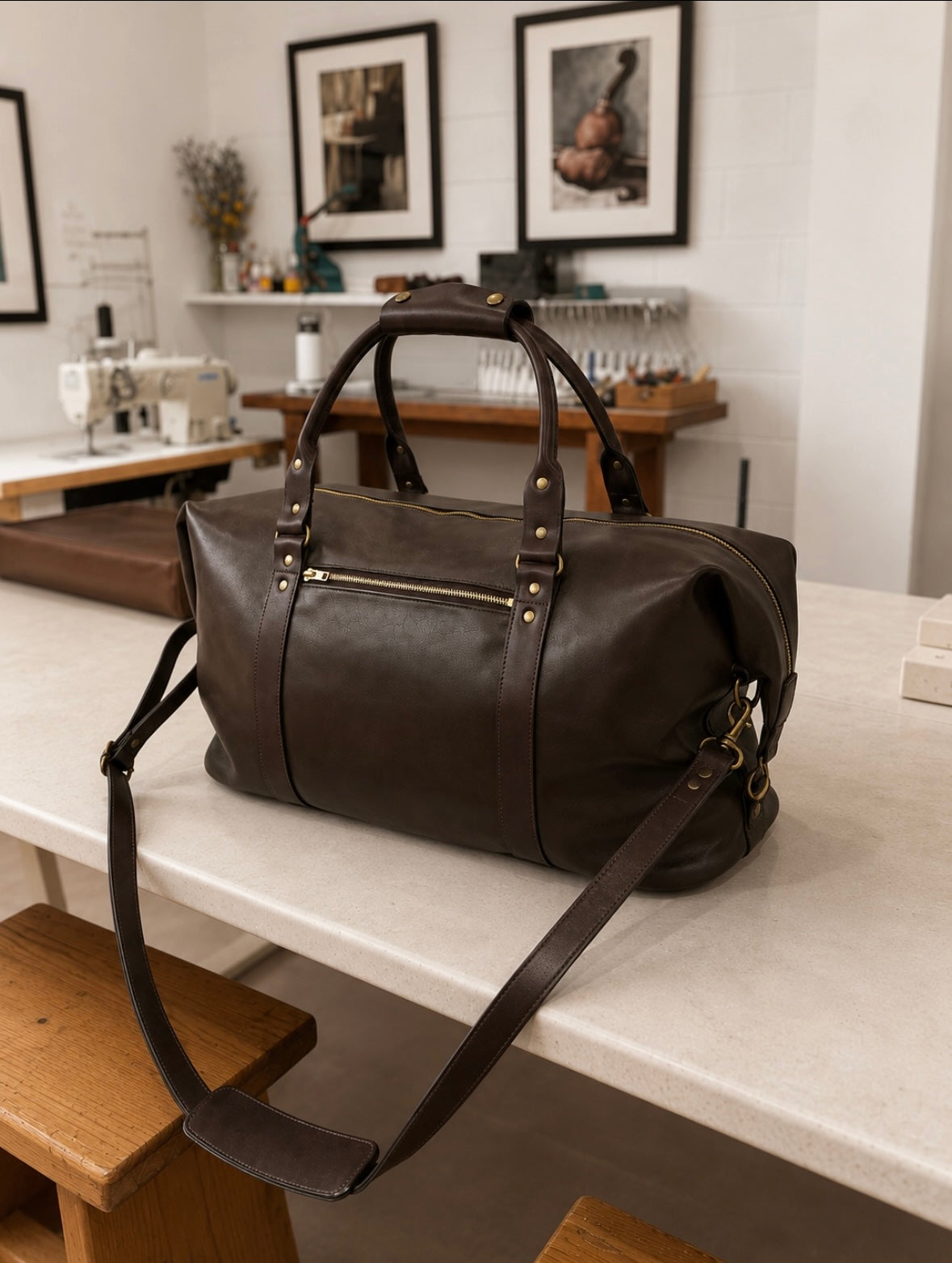 Custom dark brown leather weekender bag handcrafted by Ella Jackson on the workbench at STUDIO Ella Jackson, Hobart.