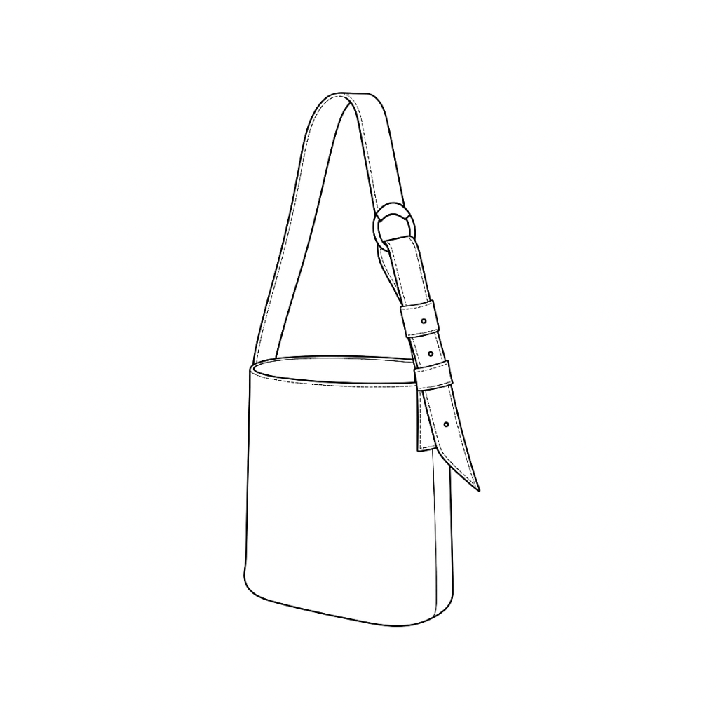 The Bucket Bag by Ella Jackson Australia — line drawing of an Italian leather bucket bag with wide strap, on display in Studio Ella Jackson, Hobart.