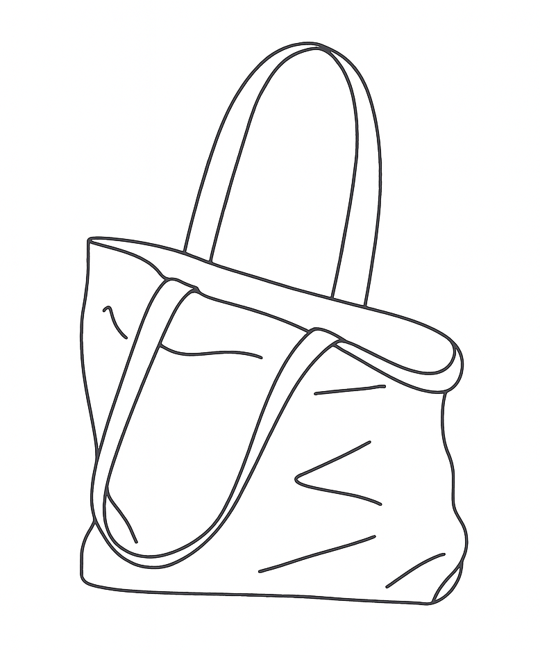 The Lined Tote by Ella Jackson Australia — line drawing of a soft, unstructured leather tote with wide straps, on display in Studio Ella Jackson, Hobart.