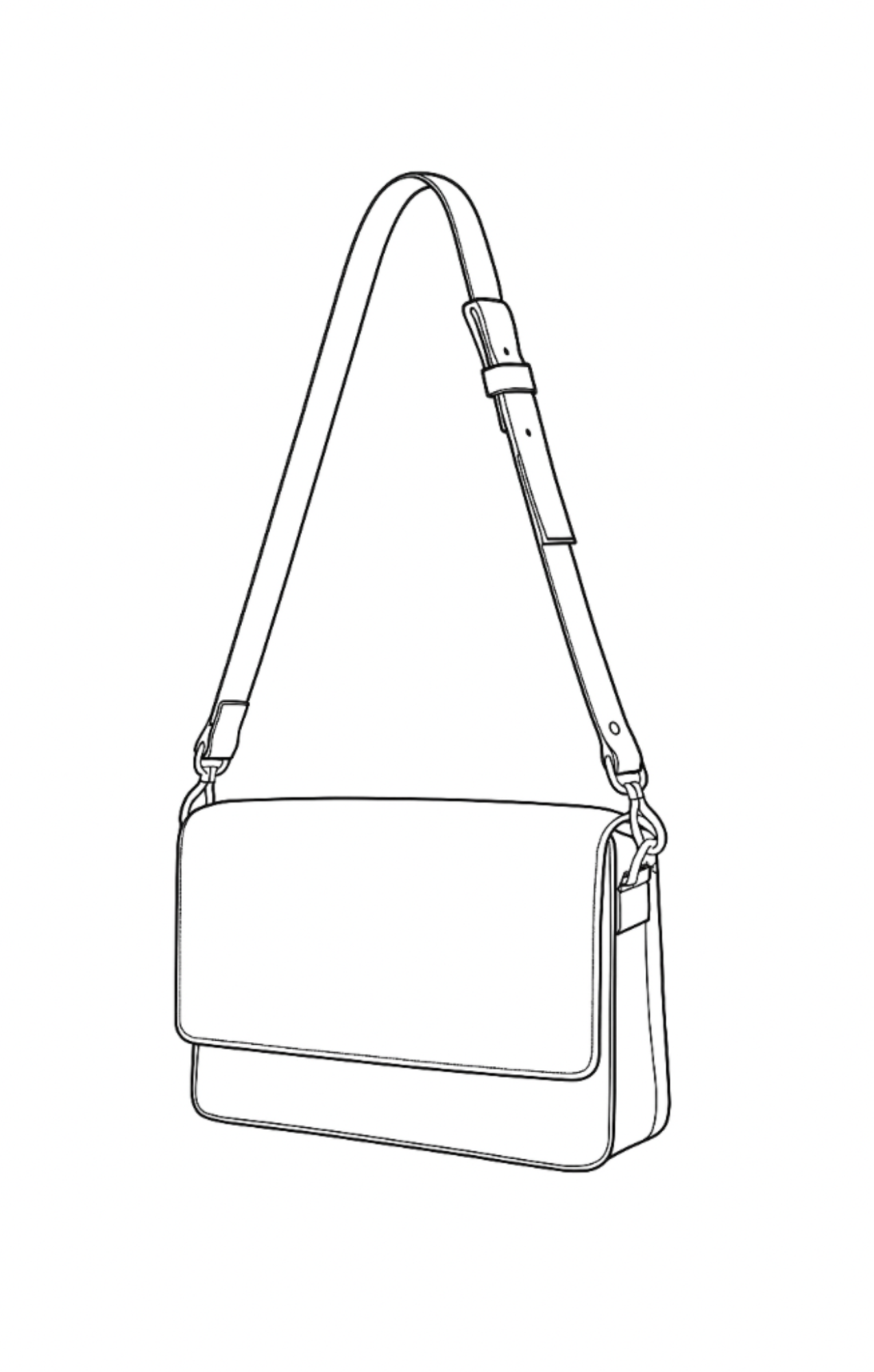 The Satchel by Ella Jackson Australia — line drawing of a two-tone leather satchel with structured flap and silver hardware, on display in Studio Ella Jackson, Hobart.